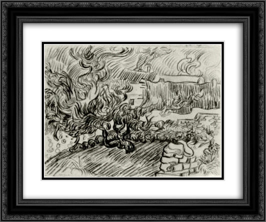 Houses among Trees 24x20 Black Ornate Wood Framed Art Print Poster with Double Matting by Van Gogh, Vincent