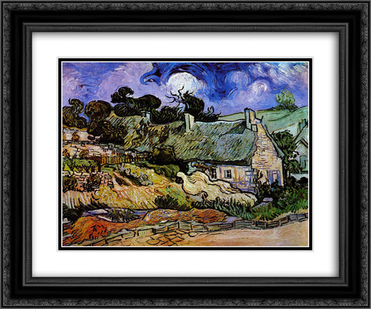 Houses with Thatched Roofs, Cordeville 24x20 Black Ornate Wood Framed Art Print Poster with Double Matting by Van Gogh, Vincent
