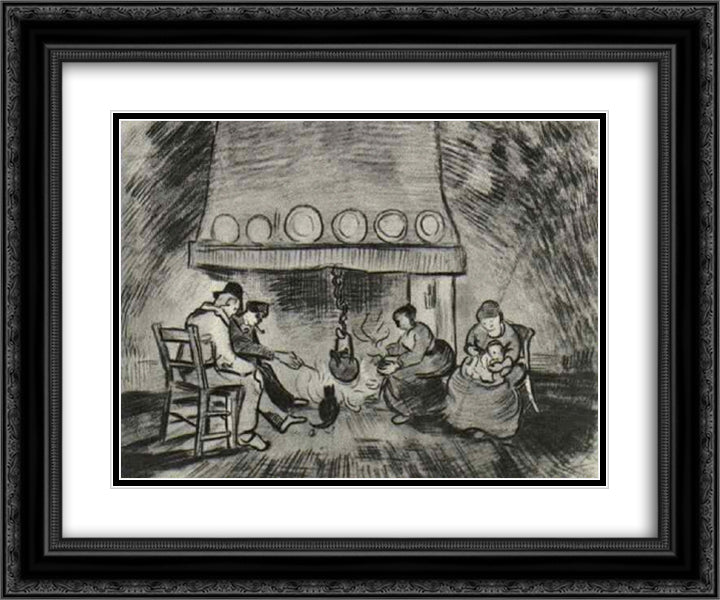 Interior of a Farm with Figures at the Fireside 24x20 Black Ornate Wood Framed Art Print Poster with Double Matting by Van Gogh, Vincent