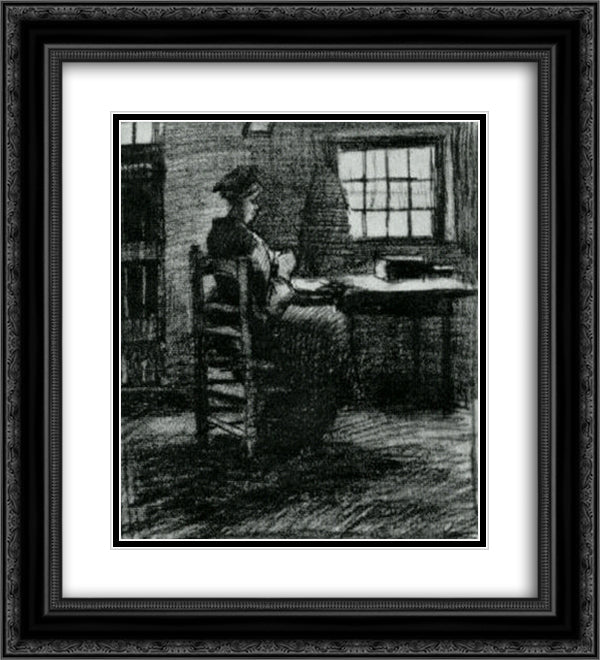 Interior with Peasant Woman Sewing 20x22 Black Ornate Wood Framed Art Print Poster with Double Matting by Van Gogh, Vincent
