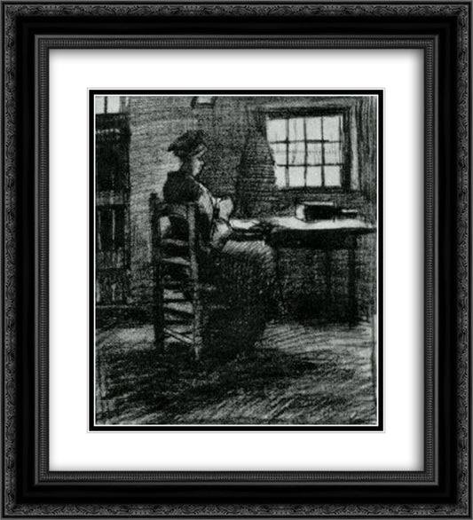 Interior with Peasant Woman Sewing 20x22 Black Ornate Wood Framed Art Print Poster with Double Matting by Van Gogh, Vincent
