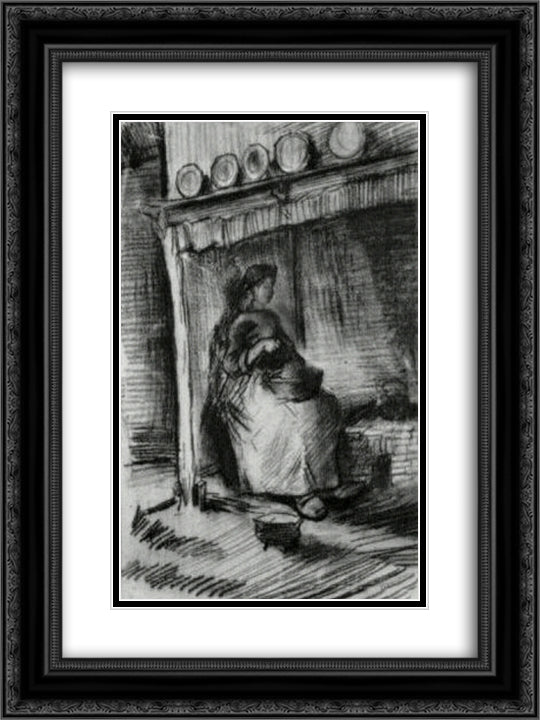 Interior with Peasant Woman Sitting near the Fireplace 18x24 Black Ornate Wood Framed Art Print Poster with Double Matting by Van Gogh, Vincent