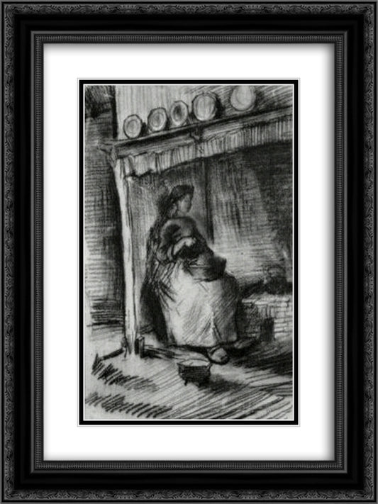Interior with Peasant Woman Sitting near the Fireplace 18x24 Black Ornate Wood Framed Art Print Poster with Double Matting by Van Gogh, Vincent