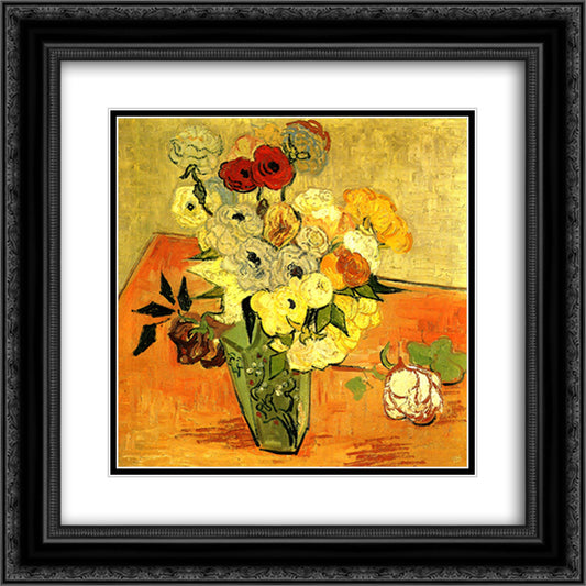 Japanese Vase with Roses and Anemones 20x20 Black Ornate Wood Framed Art Print Poster with Double Matting by Van Gogh, Vincent