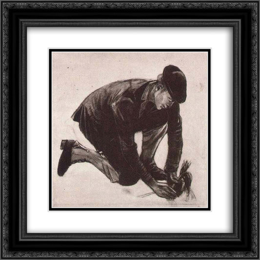 Kneeling Man, Planting 20x20 Black Ornate Wood Framed Art Print Poster with Double Matting by Van Gogh, Vincent