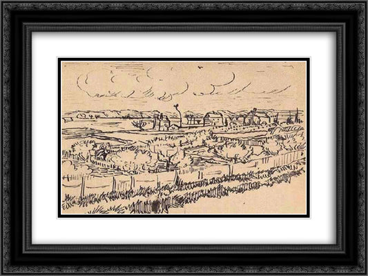 La Crau with Peach Trees in Bloom 24x18 Black Ornate Wood Framed Art Print Poster with Double Matting by Van Gogh, Vincent