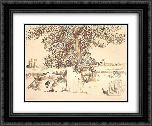 Landscape with a Tree in the Foreground 24x20 Black Ornate Wood Framed Art Print Poster with Double Matting by Van Gogh, Vincent