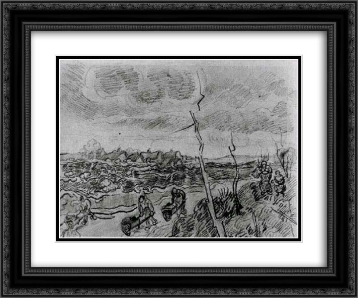 Landscape with Cottages 24x20 Black Ornate Wood Framed Art Print Poster with Double Matting by Van Gogh, Vincent