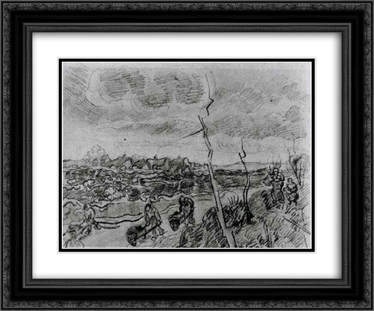 Landscape with Cottages 24x20 Black Ornate Wood Framed Art Print Poster with Double Matting by Van Gogh, Vincent
