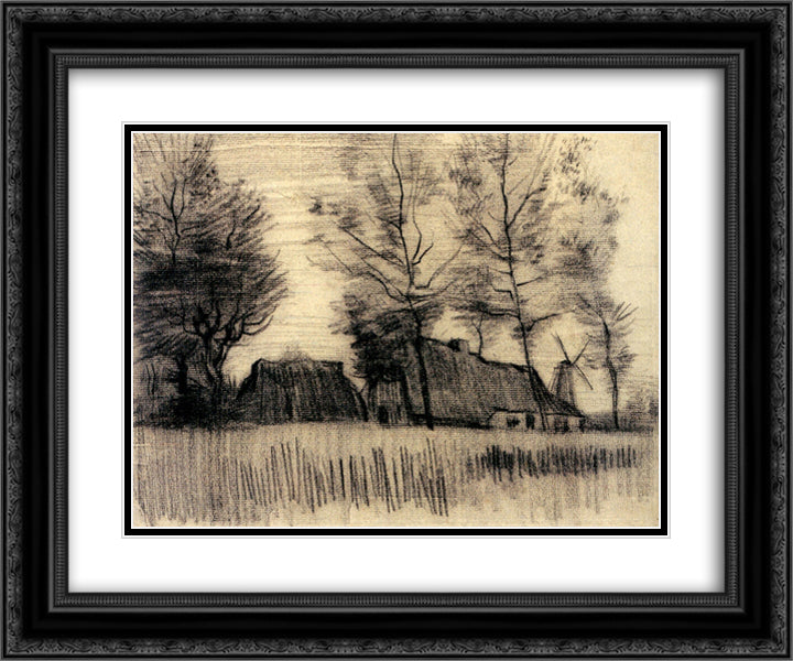 Landscape with Cottages and a Mill 24x20 Black Ornate Wood Framed Art Print Poster with Double Matting by Van Gogh, Vincent
