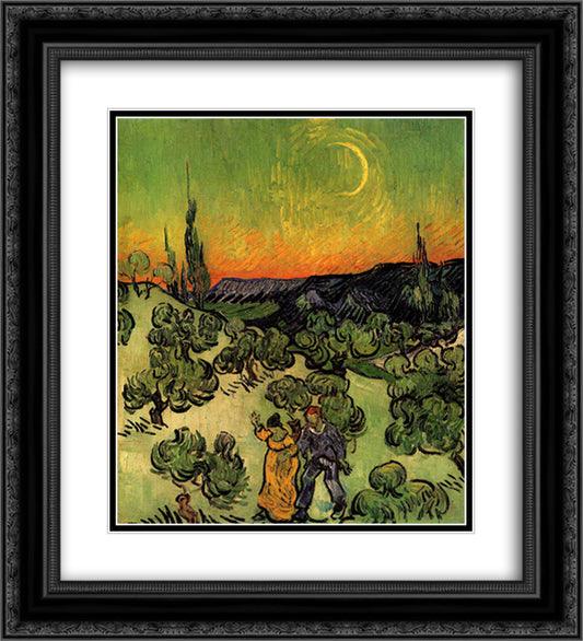 Landscape with Couple Walking and Crescent Moon 20x22 Black Ornate Wood Framed Art Print Poster with Double Matting by Van Gogh, Vincent