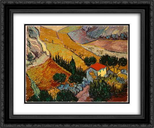Landscape with House and Ploughman 24x20 Black Ornate Wood Framed Art Print Poster with Double Matting by Van Gogh, Vincent