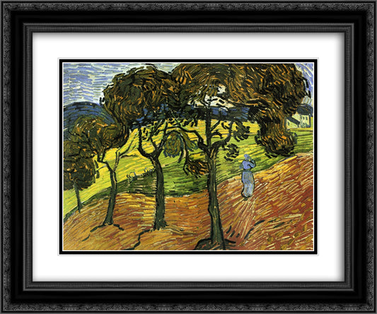 Landscape with Trees and Figures 24x20 Black Ornate Wood Framed Art Print Poster with Double Matting by Van Gogh, Vincent