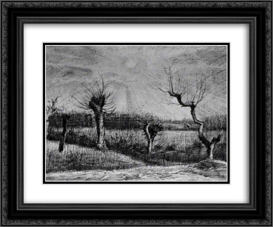 Landscape with Willows and Sun Shining Through the Clouds 24x20 Black Ornate Wood Framed Art Print Poster with Double Matting by Van Gogh, Vincent