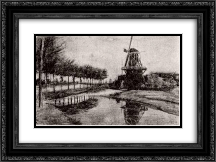 Landscape with Windmill 24x18 Black Ornate Wood Framed Art Print Poster with Double Matting by Van Gogh, Vincent