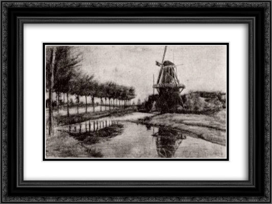 Landscape with Windmill 24x18 Black Ornate Wood Framed Art Print Poster with Double Matting by Van Gogh, Vincent