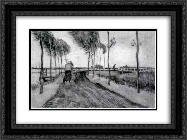 Landscape with Woman Walking 24x18 Black Ornate Wood Framed Art Print Poster with Double Matting by Van Gogh, Vincent