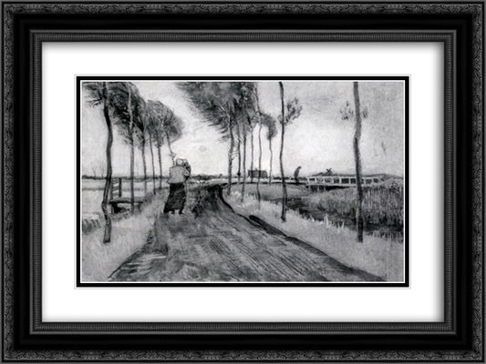 Landscape with Woman Walking 24x18 Black Ornate Wood Framed Art Print Poster with Double Matting by Van Gogh, Vincent
