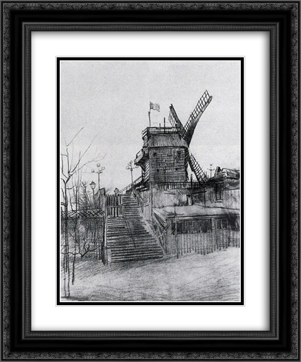 Le Moulin de la Galette 20x24 Black Ornate Wood Framed Art Print Poster with Double Matting by Van Gogh, Vincent