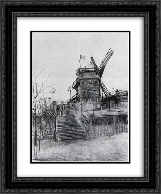 Le Moulin de la Galette 20x24 Black Ornate Wood Framed Art Print Poster with Double Matting by Van Gogh, Vincent