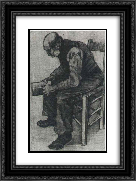 Man, Sitting, Reading a Book 18x24 Black Ornate Wood Framed Art Print Poster with Double Matting by Van Gogh, Vincent