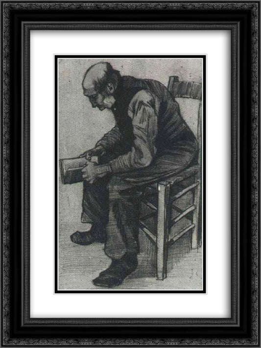 Man, Sitting, Reading a Book 18x24 Black Ornate Wood Framed Art Print Poster with Double Matting by Van Gogh, Vincent