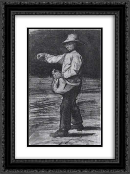 Man Feeding Chickens or Sowing 18x24 Black Ornate Wood Framed Art Print Poster with Double Matting by Van Gogh, Vincent