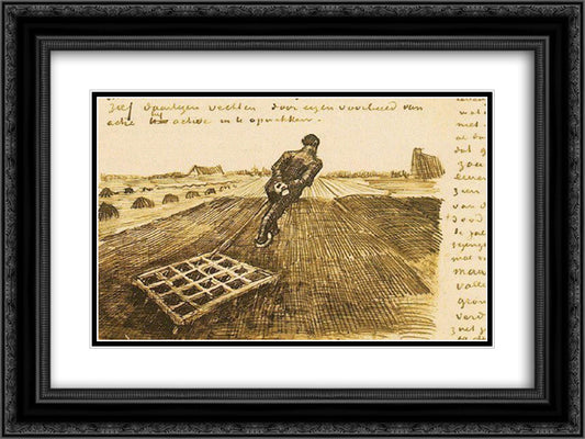 Man pulling a harrow 24x18 Black Ornate Wood Framed Art Print Poster with Double Matting by Van Gogh, Vincent