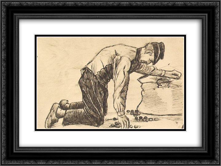 Man Putting Potatoes in a Sack 24x18 Black Ornate Wood Framed Art Print Poster with Double Matting by Van Gogh, Vincent