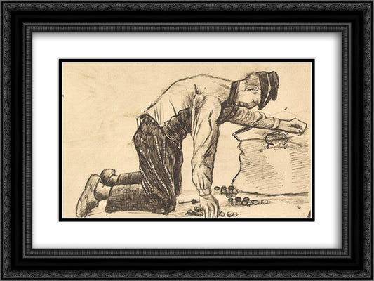 Man Putting Potatoes in a Sack 24x18 Black Ornate Wood Framed Art Print Poster with Double Matting by Van Gogh, Vincent