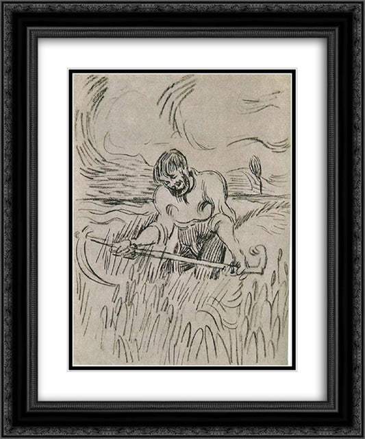 Man with Scythe in Wheat Field 20x24 Black Ornate Wood Framed Art Print Poster with Double Matting by Van Gogh, Vincent