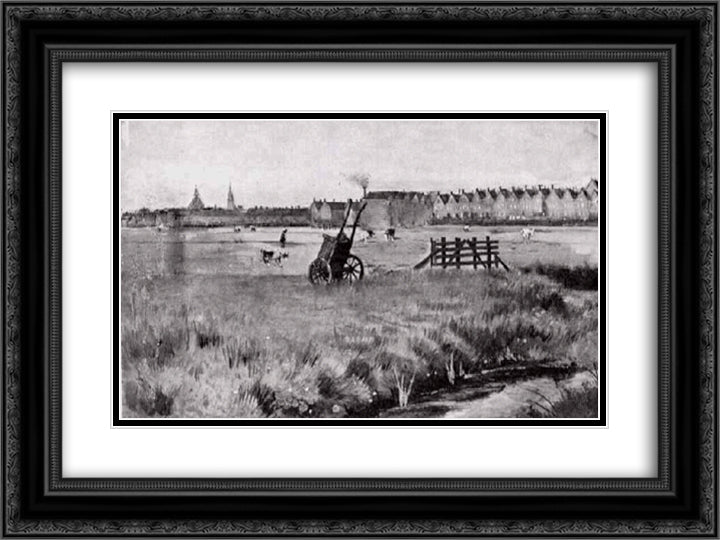 Meadow, In the Background New Church 24x18 Black Ornate Wood Framed Art Print Poster with Double Matting by Van Gogh, Vincent