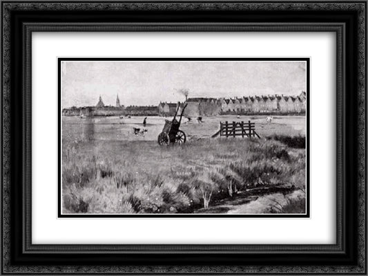 Meadow, In the Background New Church 24x18 Black Ornate Wood Framed Art Print Poster with Double Matting by Van Gogh, Vincent