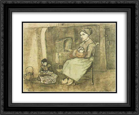 Mother at the Cradle and Child Sitting on the Floor 24x20 Black Ornate Wood Framed Art Print Poster with Double Matting by Van Gogh, Vincent