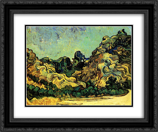 Mountains at Saint-Remy with Dark Cottage 24x20 Black Ornate Wood Framed Art Print Poster with Double Matting by Van Gogh, Vincent
