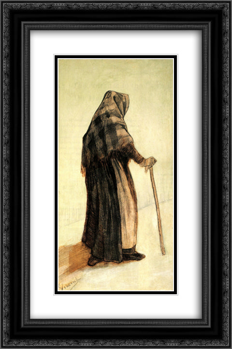 Old Woman with a Shawl and a Walking-Stick 16x24 Black Ornate Wood Framed Art Print Poster with Double Matting by Van Gogh, Vincent