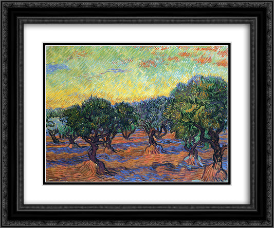 Olive Grove - Orange Sky 24x20 Black Ornate Wood Framed Art Print Poster with Double Matting by Van Gogh, Vincent