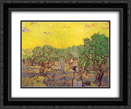 Olive Grove with Picking Figures 24x20 Black Ornate Wood Framed Art Print Poster with Double Matting by Van Gogh, Vincent