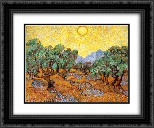 Olive Trees with Yellow Sky and Sun 24x20 Black Ornate Wood Framed Art Print Poster with Double Matting by Van Gogh, Vincent