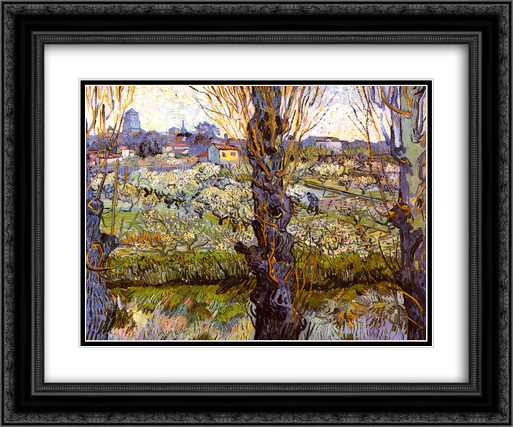 Orchard in Bloom with Poplars 24x20 Black Ornate Wood Framed Art Print Poster with Double Matting by Van Gogh, Vincent