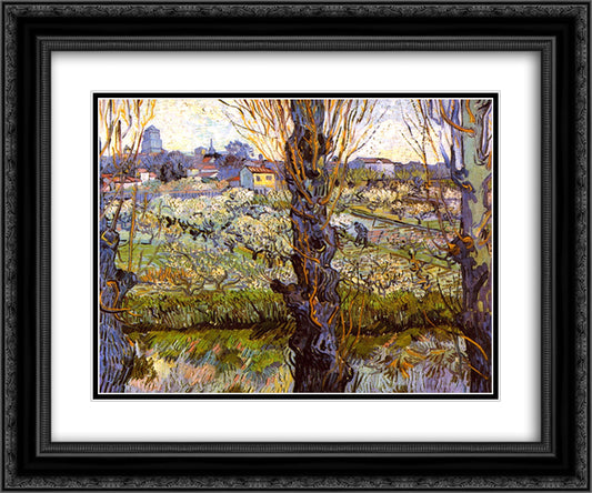 Orchard in Bloom with Poplars 24x20 Black Ornate Wood Framed Art Print Poster with Double Matting by Van Gogh, Vincent