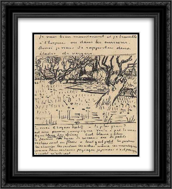 Orchard in Bloom with View of Arles 20x22 Black Ornate Wood Framed Art Print Poster with Double Matting by Van Gogh, Vincent