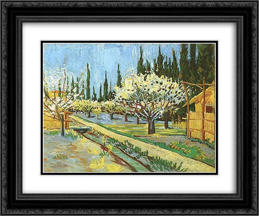 Orchard in Blossom, Bordered by Cypresses 24x20 Black Ornate Wood Framed Art Print Poster with Double Matting by Van Gogh, Vincent