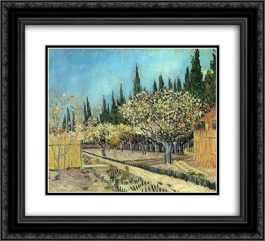 Orchard in Blossom, Bordered by Cypresses 22x20 Black Ornate Wood Framed Art Print Poster with Double Matting by Van Gogh, Vincent