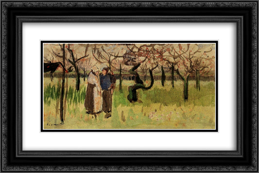 Orchard in Blossom with Two Figures Spring 24x16 Black Ornate Wood Framed Art Print Poster with Double Matting by Van Gogh, Vincent