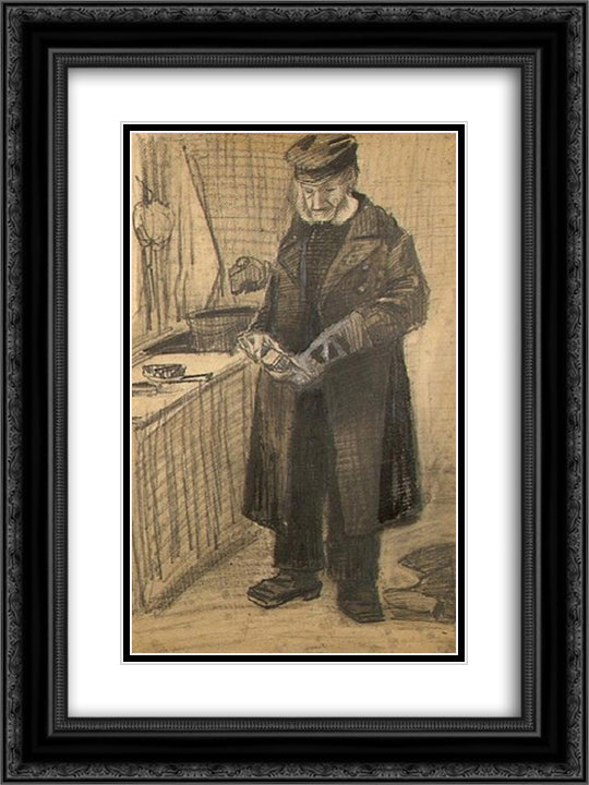 Orphan Man with Long Overcoat Cleaning Boots 18x24 Black Ornate Wood Framed Art Print Poster with Double Matting by Van Gogh, Vincent