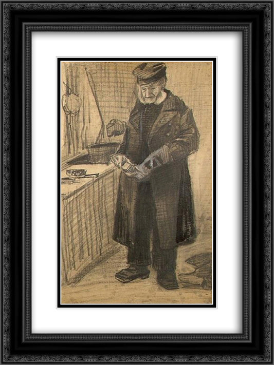 Orphan Man with Long Overcoat Cleaning Boots 18x24 Black Ornate Wood Framed Art Print Poster with Double Matting by Van Gogh, Vincent