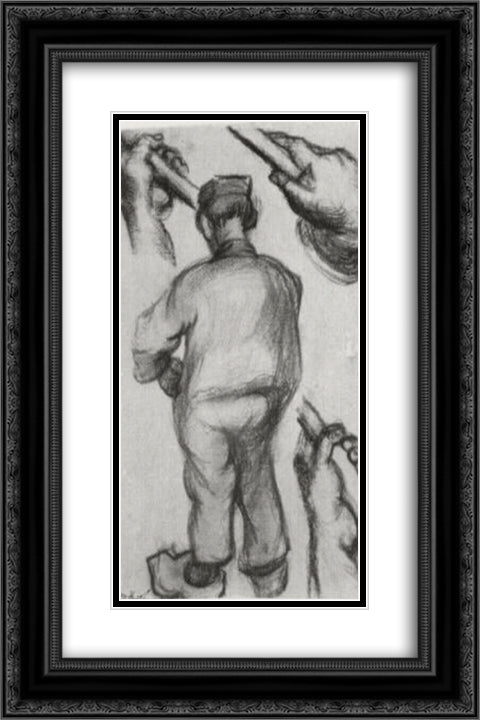 Peasant, Seen from the Back and Three Hands Holding a Stick 16x24 Black Ornate Wood Framed Art Print Poster with Double Matting by Van Gogh, Vincent