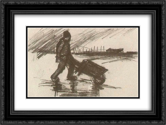 Peasant, Walking with a Wheelbarrow 24x18 Black Ornate Wood Framed Art Print Poster with Double Matting by Van Gogh, Vincent