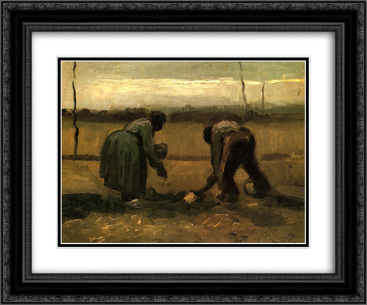 Peasant and Peasant Woman Planting Potatoes 24x20 Black Ornate Wood Framed Art Print Poster with Double Matting by Van Gogh, Vincent